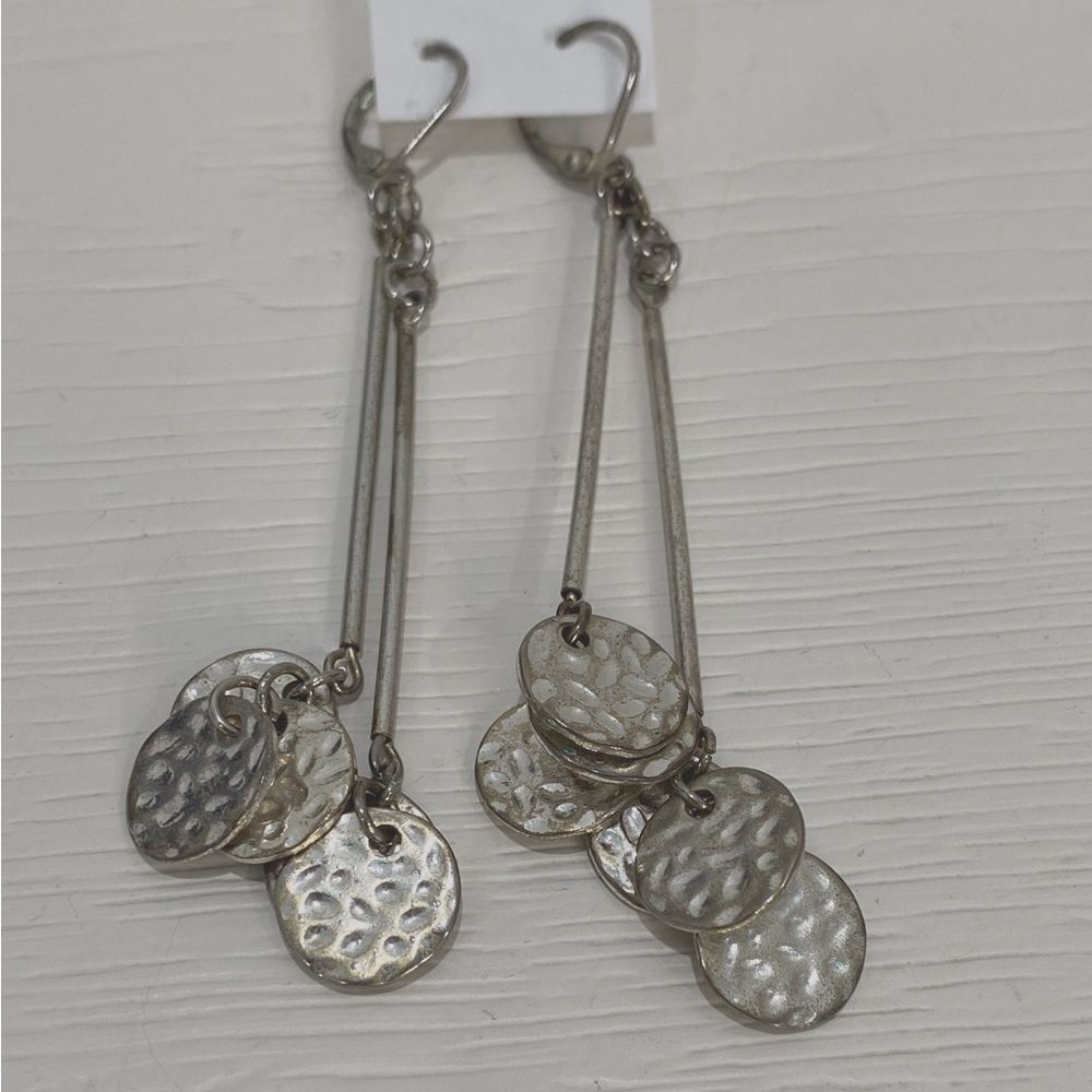 Silver Tone Drop Dangle Hammered Round Disk Earri… - image 5